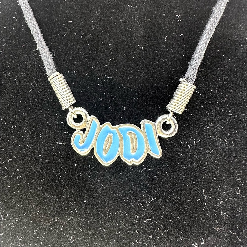 Vintage 90's Black Cord Name Plate Necklace Jodi Name Pendant